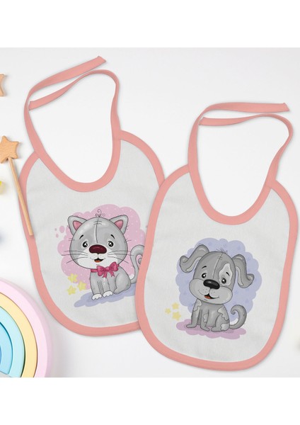 Kids Sevimli Kedi ve Köpek Tasarımlı 2’li Pembe Mama Önlüğü-1