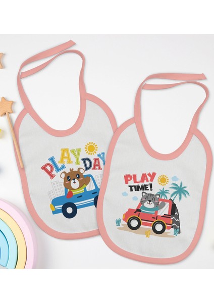 Kids Play Time ve Play Day Tasarımlı 2’li Pembe Mama Önlüğü-1