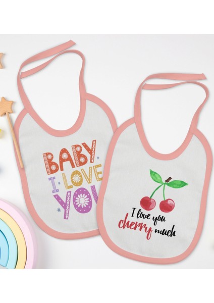 Kids I Love You Tasarımlı 2’li Pembe Mama Önlüğü-1