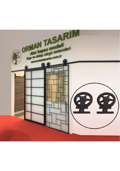 Orman Tasarım Ahır Kapısı Üstten Montajlı Döküm Makara Modeli Çift Kapı Sürgü Sistemi