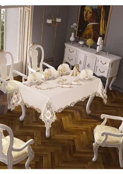 Anka Güpürlü Keten Krem Sofra Takımı 8 Kişilik 160X230 cm 17 Prç - 1219