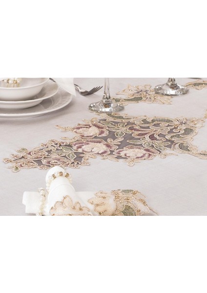 Henna Güpürlü Keten Krem Sofra Takımı 8 Kişilik 160X230 cm 17PRÇ - 1220 indirimleri