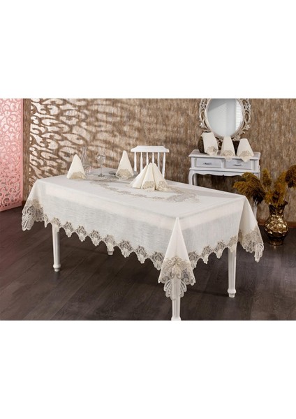 Verda Güpürlü Keten Krem Sofra Takımı 8 Kişilik 160 x 230 cm 17 Parça - 1224