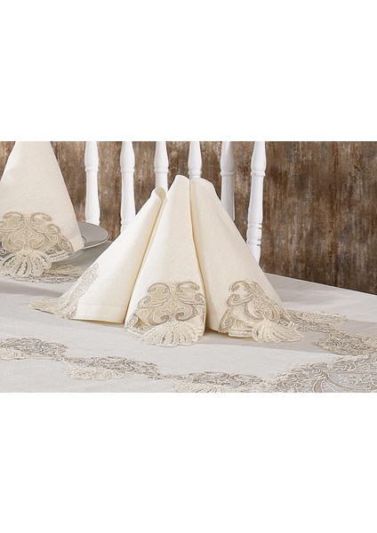 Verda Güpürlü Keten Krem Sofra Takımı 8 Kişilik 160 x 230 cm 17 Parça - 1224
