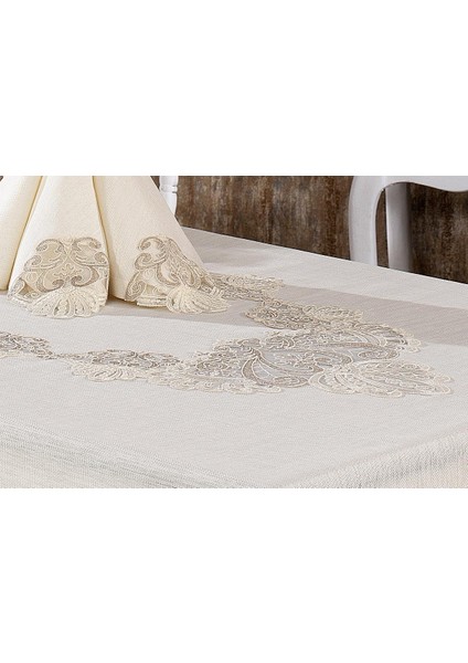 Verda Güpürlü Keten Krem Sofra Takımı 8 Kişilik 160 x 230 cm 17 Parça - 1224