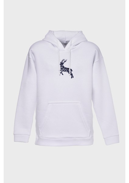 Geyik Minimal Baskili Kapüşonlu Üç iplik Sweatshirt Oversize Hoodie