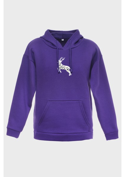 Geyik Minimal Baskili Kapüşonlu Üç iplik Sweatshirt Oversize Hoodie