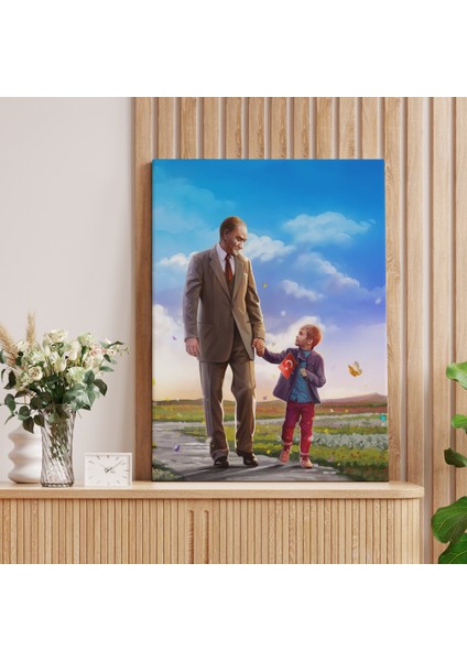 Atatürk ve Çocuk El Ele Kanvas Tablo
