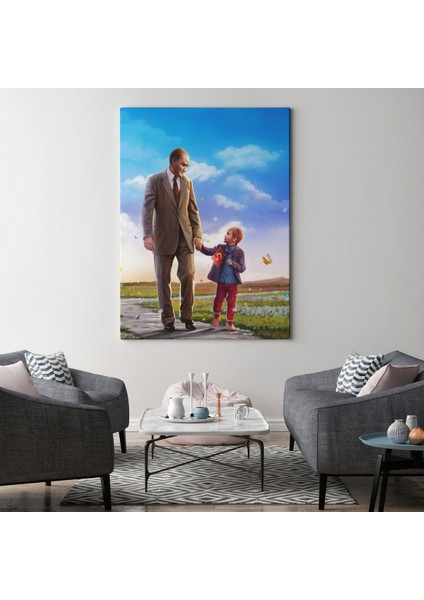 Atatürk ve Çocuk El Ele Kanvas Tablo