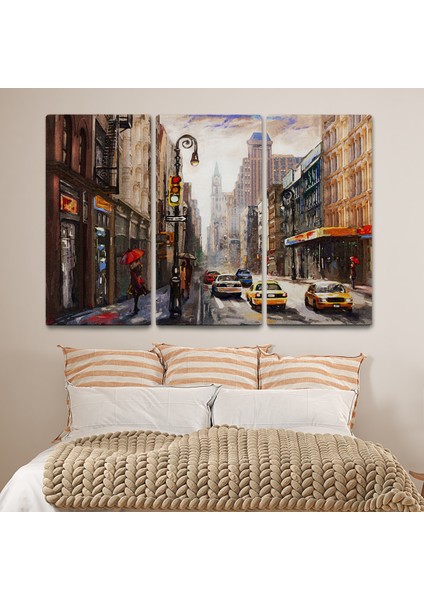 New York Sokakları ve Sarı Taksi Yağlıboya Görünüm Tablo ( Üç Parça )