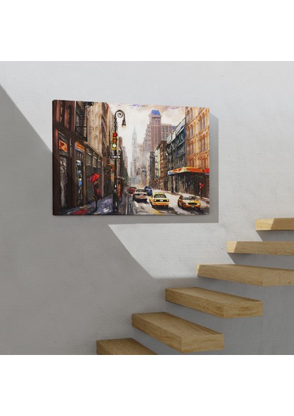 New York Sokakları ve Sarı Taksi Yağlıboya Görünüm Tablo ( Üç Parça )