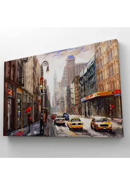 New York Sokakları ve Sarı Taksi Yağlıboya Görünüm Tablo ( Üç Parça )