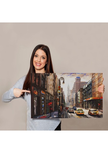 New York Sokakları ve Sarı Taksi Yağlıboya Görünüm Tablo ( Üç Parça )