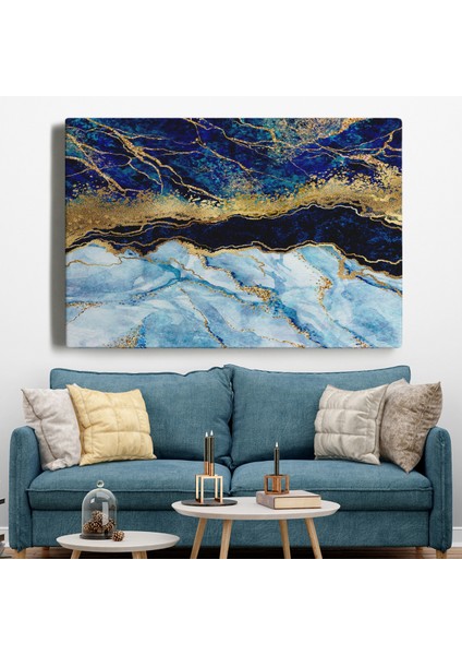 Mavi ve Gold'un Müthiş Uyumu Mermer Görünümlü Modern Kanvas Tablo ( Tek Parça )