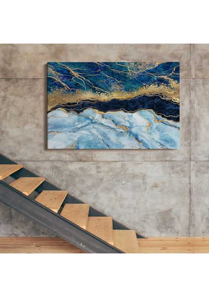 Mavi ve Gold'un Müthiş Uyumu Mermer Görünümlü Modern Kanvas Tablo ( Tek Parça ) modelleri