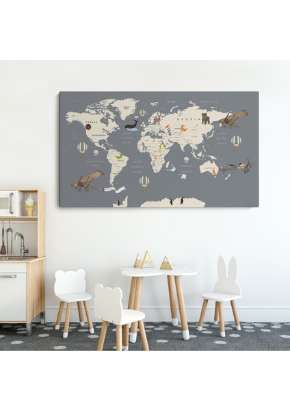Çocuk Odası Için Dekoratif Dünya Haritası Kanvas Tablo ( Tek Parça )