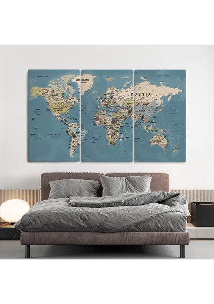 Dünya Haritası Son Derece Ayrıntılı Eğitici Öğretici Okyanuslu Dekoratif Tablo ( Üç Parça )