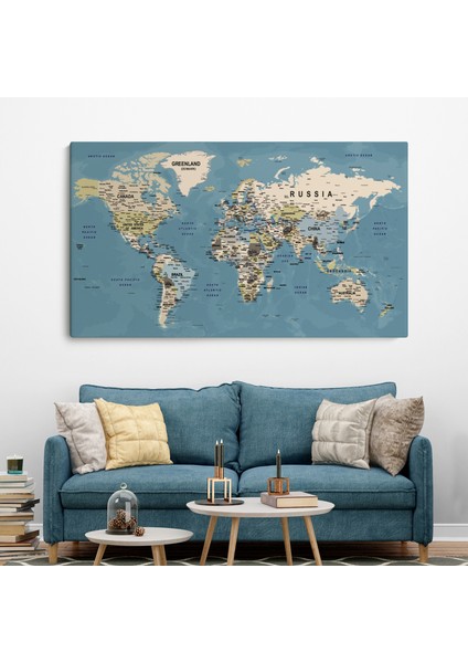 Dünya Haritası Son Derece Ayrıntılı Eğitici Öğretici Okyanuslu Dekoratif Tablo ( Üç Parça ) fiyatları