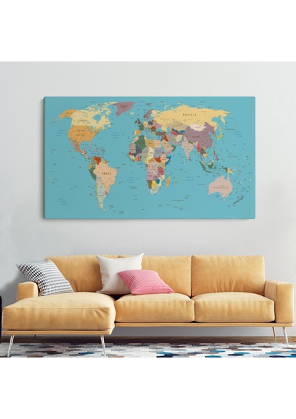 Dekoratif Kanvas Tablo Dünya Haritası Mavi Zemin 1032 ( Tek Parça )
