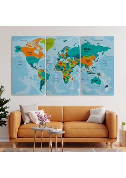 Dünya Haritası Ülke Başkentli Okyanuslu ve Dekoratif Kanvas Tablo ( Üç Parça )