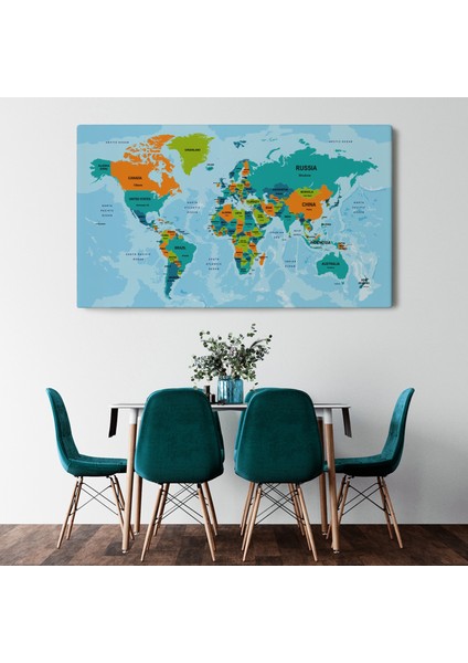 Dünya Haritası Ülke Başkentli Okyanuslu ve Dekoratif Kanvas Tablo ( Üç Parça ) fiyatları