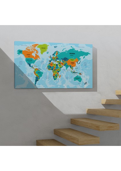 Dünya Haritası Ülke Başkentli Okyanuslu ve Dekoratif Kanvas Tablo ( Üç Parça ) modelleri