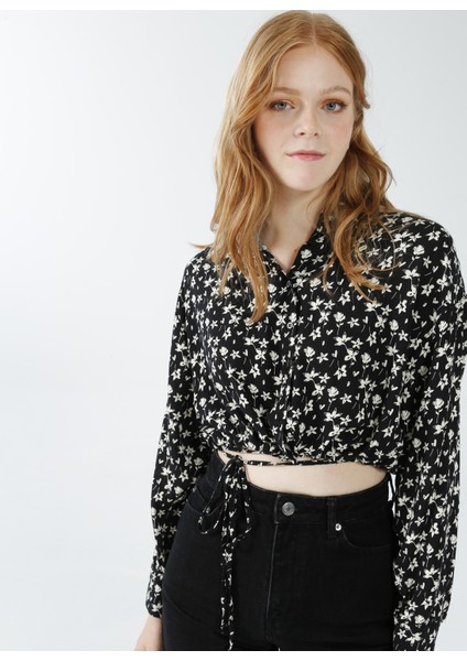 Gömlek Yaka Desenli Siyah Kadın Gömlek K-Efna modelleri