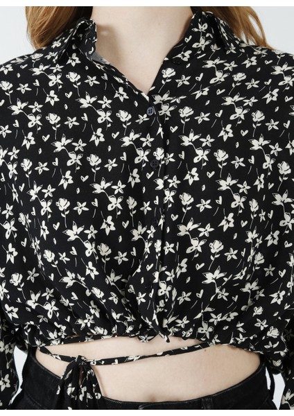 Gömlek Yaka Desenli Siyah Kadın Gömlek K-Efna indirimleri
