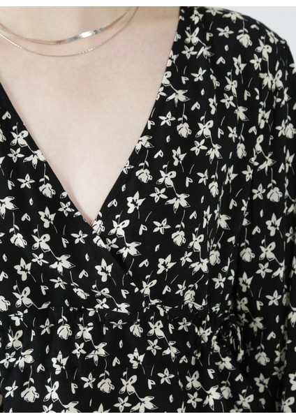 V Yaka Desenli Siyah Kadın Bluz K-UGANDA22 indirimleri