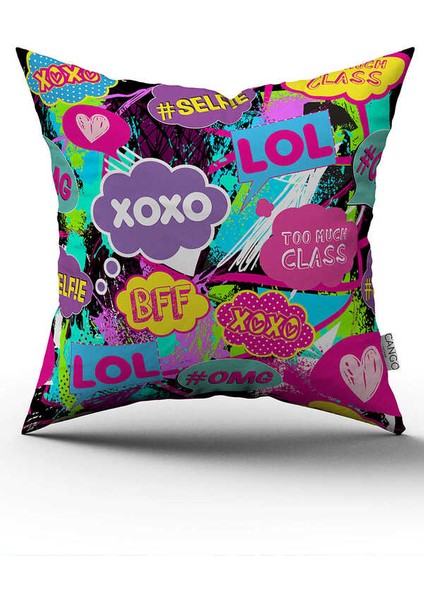 Çift Taraflı Siyah Çok Renkli Popart Desenli Dijital Baskı Kırlent Yastık Kılıfı - CGH391-CT