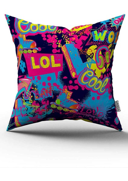 Çift Taraflı Siyah Çok Renkli Popart Desenli Dijital Baskı Kırlent Yastık Kılıfı - CGH397-CT