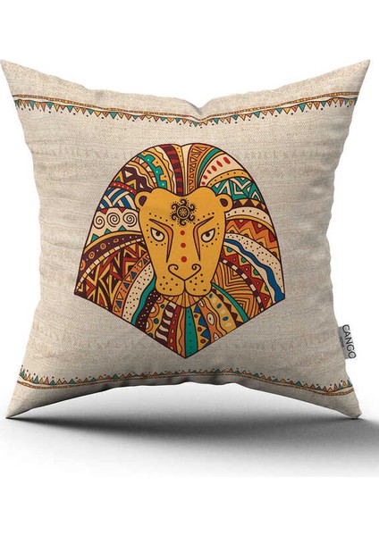 Çift Taraflı Krem Etnik Afrika Aslan Figürlü Dijital Baskılı Kırlent Yastık Kılıfı -CGH1259-CT