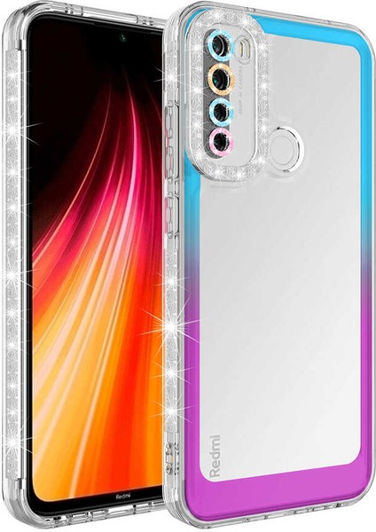 Xiaomi Redmi Note 8 Kılıf Simli ve Renk Geçiş Tasarımlı Lens Korumalı Park Kapak Mavi - Mor