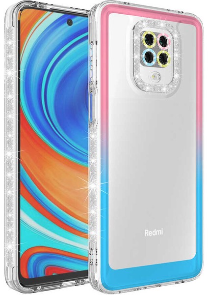 Xiaomi Redmi Note 9s / 9 Pro Kılıf Simli ve Renk Geçiş Tasarımlı Lens Korumalı Park Kapak Pembe - Mavi