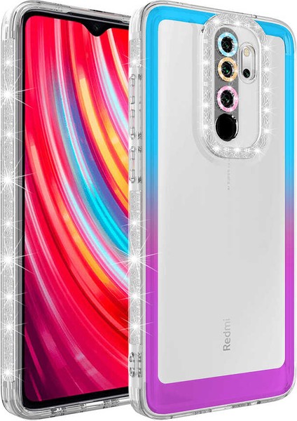 Xiaomi Redmi Note 8 Pro Kılıf Simli ve Renk Geçiş Tasarımlı Lens Korumalı Park Kapak Mavi - Mor
