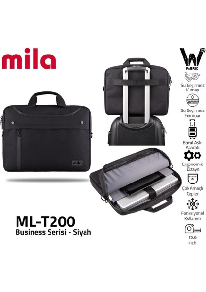 Mila ML-T200 15.6"su Geçirmez Kumaş , Su Geçirmez Fermuar Laptop ,notebook Çantası-Siyah