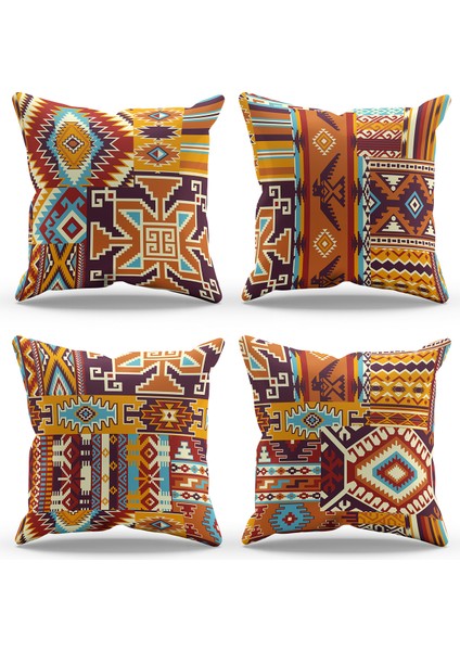 Çift Tarafı Baskılı Ethnic Rugs Desenli 4'lü Kombin Süet Kırlent Kılıfı
