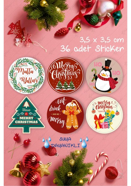 Mutlı Yıllar Sticker 3x5 cm 36 Adet - Suya Dayanıklı Yeni Yıl Yılbaşı Sticker