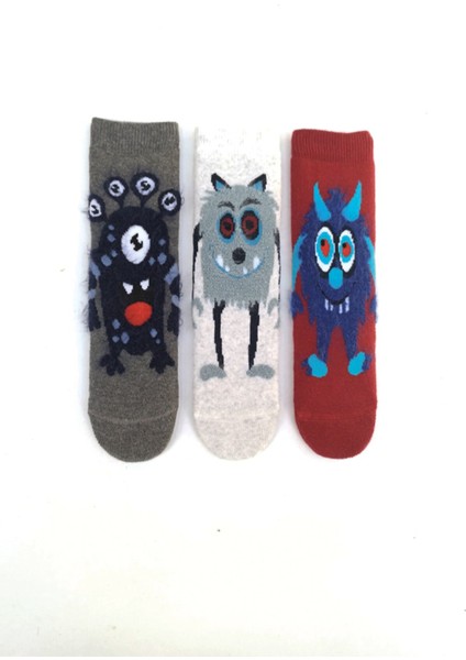 Mem Socks 3'lü Şaçaklı Monster Desenli Kaydırmaz Havlu Çocuk Çorabı