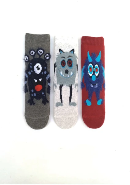 Mem Socks 3'lü Şaçaklı Monster Desenli Kaydırmaz Havlu Çocuk Çorabı