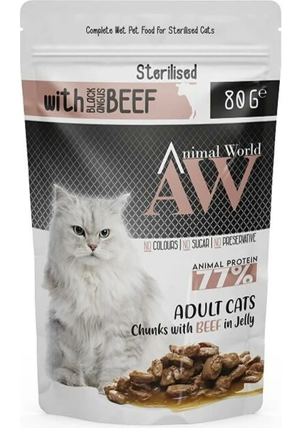 Animal World Sterilised Jöleli Parça Sığır Etli Kısırlaştırılmış Kedi Pouch Mama 80gr