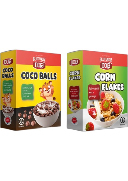 Dola 2'li Atıştırmalık Set Coco Balls Çıtır Tahıl Topları ve Corn Flakes Mısır Gevreği Glutensiz