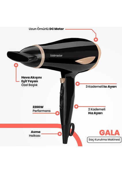 Gala 2200 Watt Difüzör Başlıklı Kademeli Saç Kurutma Fön Makinesi Gold IN-6138 modelleri