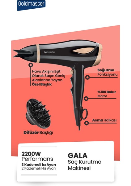 Gala 2200 Watt Difüzör Başlıklı Kademeli Saç Kurutma Fön Makinesi Gold IN-6138 fiyatları