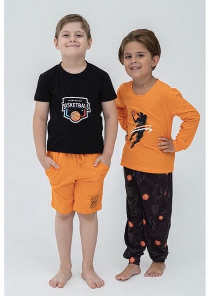 Lolli Boom Kids  Erkek Çocuk 4'lü Basketball Desen Turuncu Siyah Renk Kombin Pijama Takımı 4 Parça Set