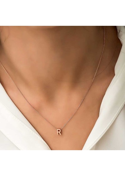 925 Ayar Gümüş Rose 3 Boyutlu R Harf Kadın Gümüş Kolye