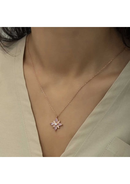 925 Ayar Gümüş Pembe Taşlı Umut Çiçeği Gümüş Kolye
