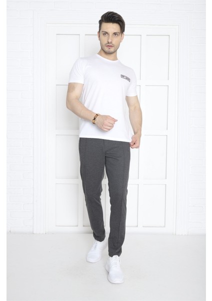 Erkek Spor Koyu Antresit Kemer Detaylı ,İki Arka Cepli,İki Ön Cepli Fermuarlı Slimfit Eşofman Altı - B1216