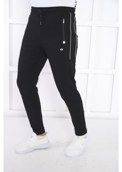 Erkek Spor Siyah Eşofman Altı, Süper İki İplik, 4 Mevsim, Slimfit Kalıp - 1905