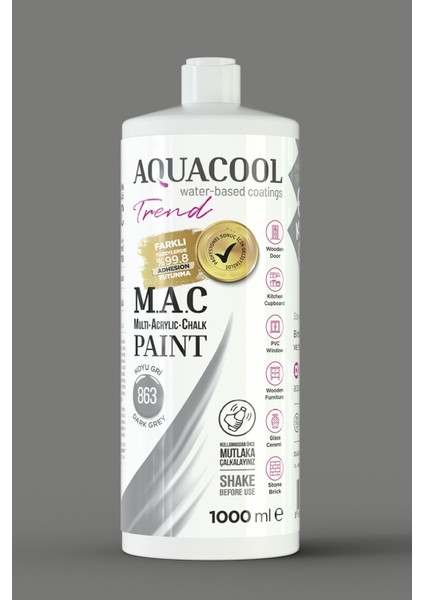 M.a.c Su Bazlı Akrilik Hobi Boyası 863 Koyu Gri 1000 ml
